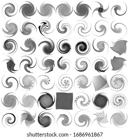 Set of black and white vortex, volute shapes. Twisted helix elements