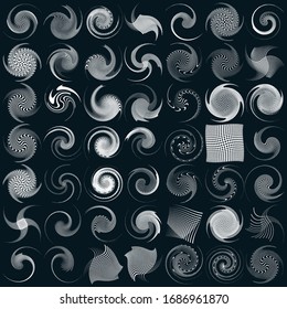 Set of black and white vortex, volute shapes. Twisted helix elements