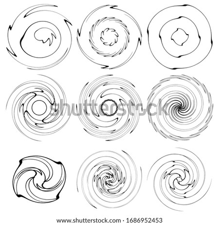 Set of black and white vortex, volute shapes. Twisted helix elements