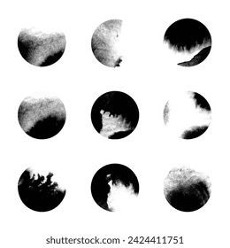 Set of black and white watercolor circles, in the style of inkblots. Vector design elements.