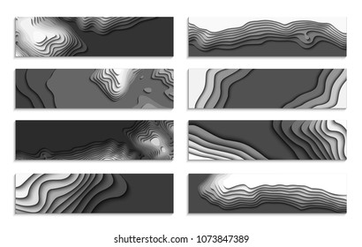 Set of black and white wave. 3D set of colorful abstract paper cut. Abstract colorful waves. Wavy banners. Color geometric form. Wave paper cut. Map line of topography. Map mockup infographics