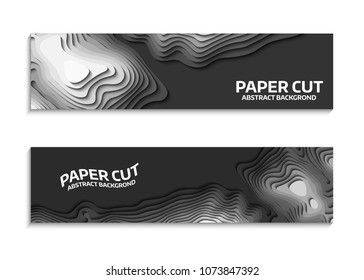 Set of black and white wave. 3D set of colorful abstract paper cut. Abstract colorful waves. Wavy banners. Color geometric form. Wave paper cut. Map line of topography. Map mockup infographics