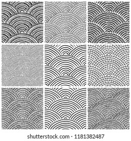Set of black and white wavy patterns. A set of ink drawn by hand. A simple print for textiles. Vector illustration.