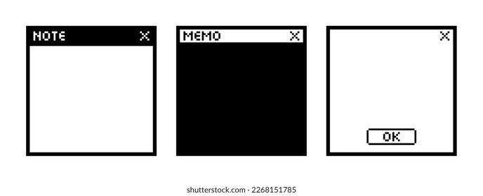 Set of black and white web browser window notepad vector illustration in pixel art style. Empty pop up. Template paper for sticker note, memo. Isolated on white.