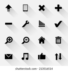 Set of black and white web icons with long shadows.