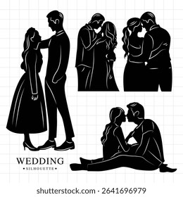 Set of Black and white wedding couples silhouettes
