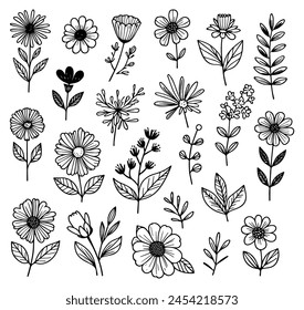 Set Of Black And White Whimsical Flowers Hand Drawn Illustrations

