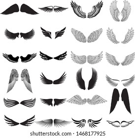 Set of black and white wings isolated on white background