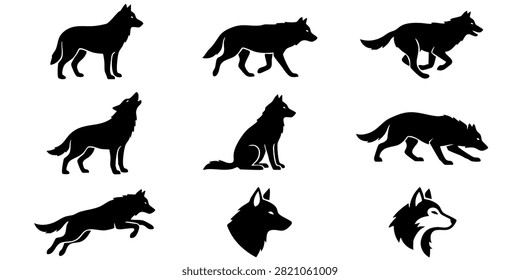 Set of Black and White Wolf Silhouettes Vector Illustrations Featuring Howling Running Sitting and Walking Wild Animals,  Black wolf silhouettes set showing various wild animal poses and behaviors in a forest wilderness concept, Black Silhouette Collection of Wild Wolves in Various Dynamic Action Poses and Natural Behaviors