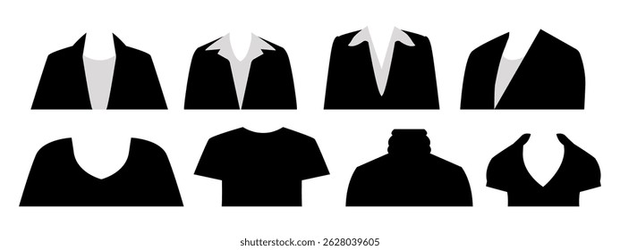 A set of black and white women's clothes icons. Black and white female outfit illustrations collection.