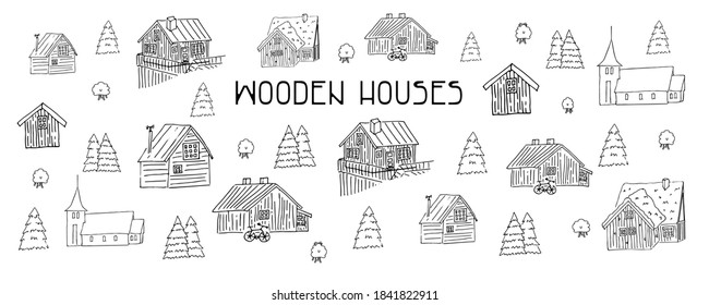 Set of Black and white wooden Scandinavian houses for coloring book. Vector illustration on white background