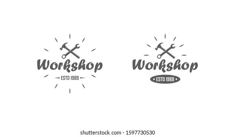 Set of black and white workshop logos. Vector illustration of crossed hammer and wrench, text with rays on a white background.