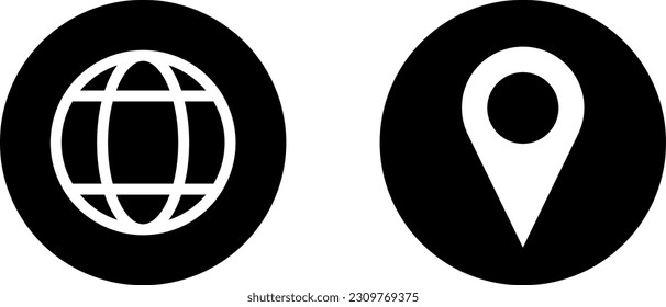 Conjunto de Pines de puntero de ubicación y mapa de la Tierra del Mundo Blanco y Negro o Aquí está el icono de signo del marcador. Imagen vectorial.