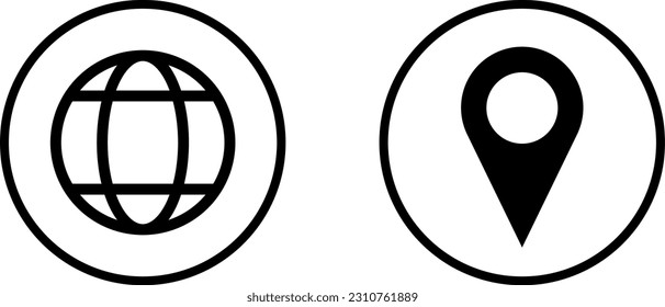 Set of Black and White World Globe Earth Web Map and Location Pointer Pin or You Are Here Marker Sign Icon. Vector Image.