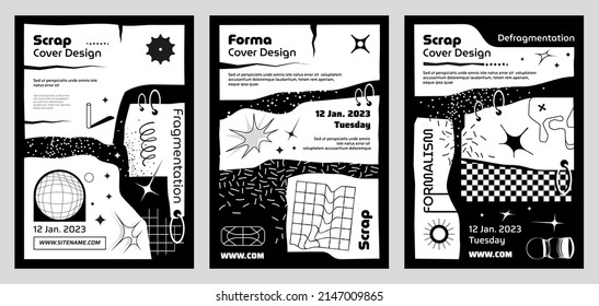 Set of black and white Y2k vector covers with space explosion background, scraps of paper with space for text, brutalist design with linear shapes of objects, stars, flashes of light, and grids. 