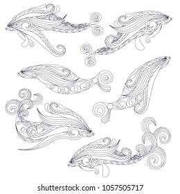 Set of black and white zentangle stylized fish hand drawn stock vector illustration for web, for print