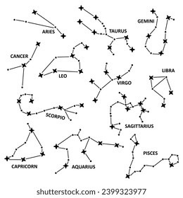 Set of black and white zodiac sign constellation icons. Astrology, horoscope.