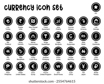 Set of black and white-coloured global currency coin icon set flat design