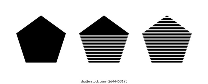 Set of black whole, streaked and half striped pentagon isolated on white background. Basic geometric shapes. Minimalistic geometric elements. Vector graphic illustration.