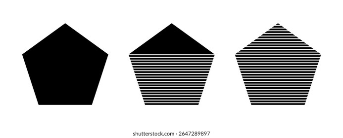Conjunto de todo preto, listrado e meio pentágono listrado formas isoladas no fundo branco. Formas geométricas básicas com listras. Elementos geométricos minimalistas. Ilustração gráfica vetorial.