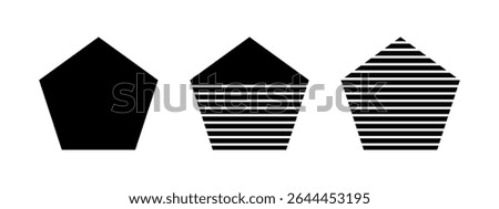 Set of black whole, streaked and half striped pentagon isolated on white background. Basic geometric shapes. Minimalistic geometric elements. Vector graphic illustration.