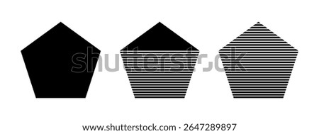 Set of black whole, streaked and half striped pentagon forms isolated on white background. Streaked basic geometric shapes. Minimalistic geometric elements. Vector graphic illustration.