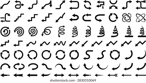 Set of black winding and zigzag arrows with circular loops circular collection