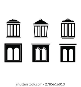 Set of black window icons and lantern lamp silhouettes for home interior and architectural design Vector