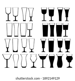 Set of black wine glass on white background, signs for design, vector illustration