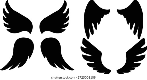 Conjunto de siluetas de alas negras en varias Formas para el diseño de logotipos, arte del tatuaje y Elementos gráficos decorativos