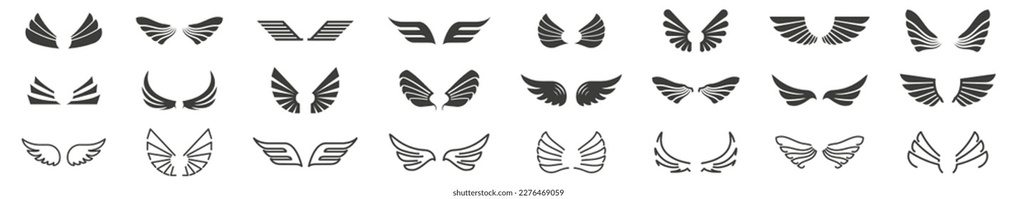 Set of black wings icons. Wings badges. Different shapes of wing collection. Vector isolated illustration.