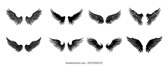 Set of black wings icons. Badges with wings. Collection badges with wings in flat style. Vector illustration