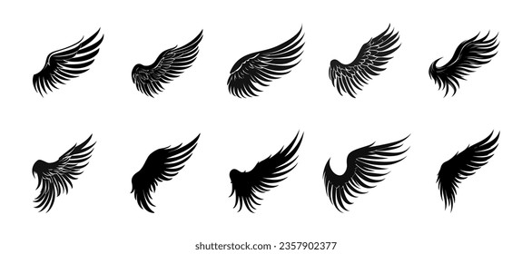 Set of black wings icons. Badges with wings. Collection badges with wings in flat style. Vector illustration