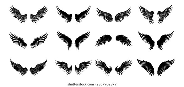 Set of black wings icons. Badges with wings. Collection badges with wings in flat style. Vector illustration