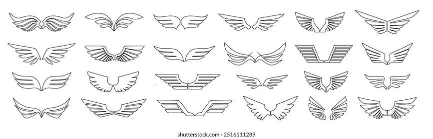 Set of black wings icons. Wings badges. Collection wings badges. Line art.