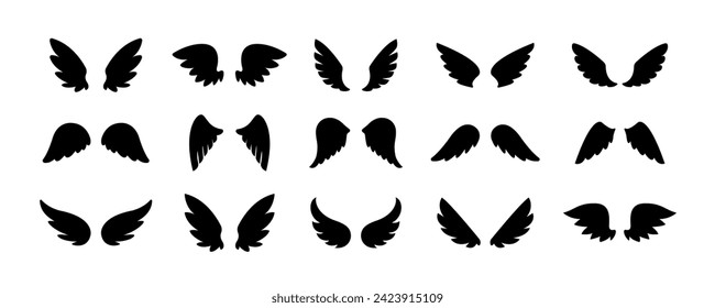 Set of black wings icons. Wings icons. Bird wings, angel wing elements. Wing collection in different shape. Wings badges. Vector illustration