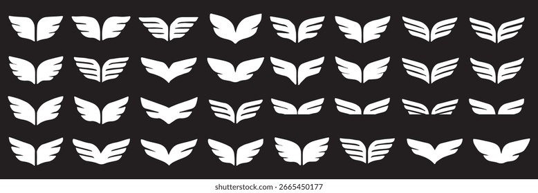 Set of black wings icons. Bird wings, wings logo, angel wings. Wing Collection in different shape isolated on white background
