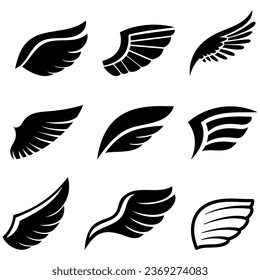 Set Of Black Wings Icons, Symbolizing Freedom And Power. Versatile Wing Designs Add A Touch Of Mystique To Projects, Perfect For Diverse Creative Expressions, Tattoo and Insignia. Vector Illustration