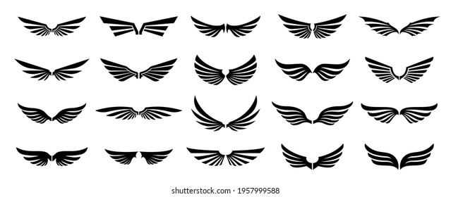 Set of black wings logos or icons. Wings silhouette for use in logo and emblem design. Vector wings badges collection.