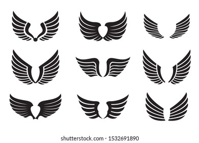Set of black Wings. Vector Illustration and outline Icons. Symbol of freedom.