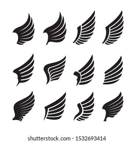 Set of Black Wings. Vector Illustration and outline Icons. Symbol of freedom.