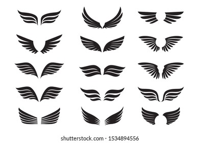 Set of black Wings. Vector Illustration and outline Icons. Symbol of freedom.