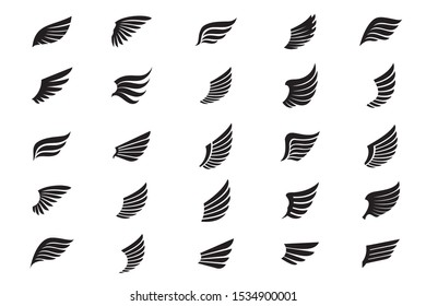 Set of black Wings. Vector Illustration and outline Icons. Symbol of freedom. Fantasy logo elements.