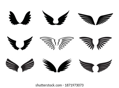 Un conjunto de Alas Negras. Iconos de iluminación vectorial y contorno. Símbolo de libertad.