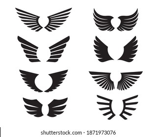 Eine Reihe von Black Wings. Vektorgrafik und Kontursymbole. Symbol der Freiheit.