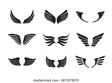 A set of Black Wings. Vector Illustration and outline Icons. Symbol of freedom.