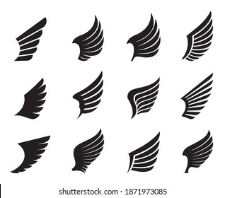 A set of Black Wings. Vector Illustration and outline Icons. Symbol of freedom.