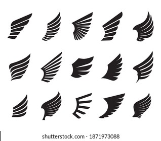 A set of Black Wings. Vector Illustration and outline Icons. Symbol of freedom.