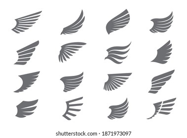 A set of Black Wings. Vector Illustration and outline Icons. Symbol of freedom.