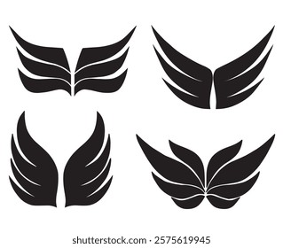 Set of black wings vector illustration. Collection wings badges. Realistic angel wing isolated on white background. Simple wings vector icons for web design. Wing logo for design element